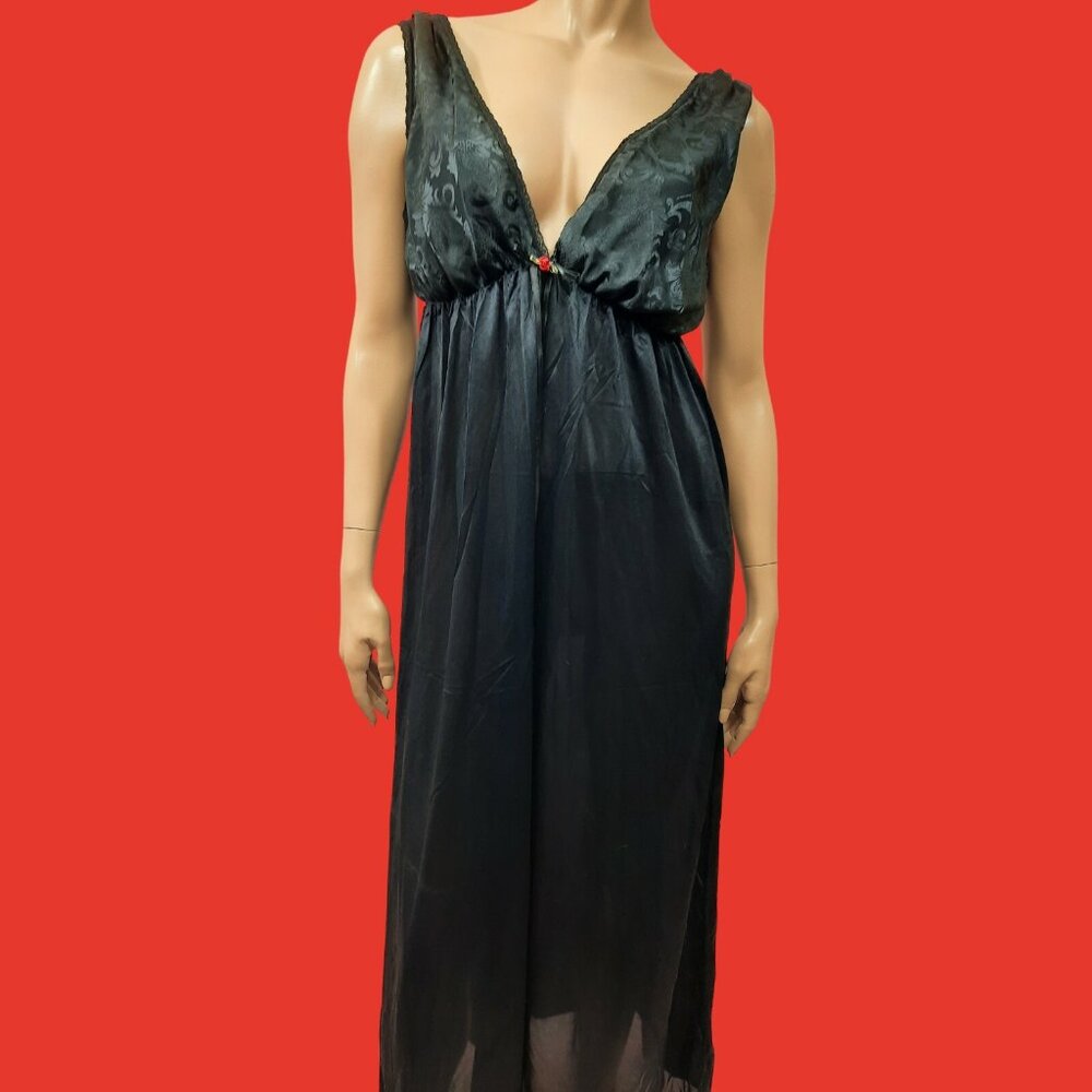 Vintage 70s 80s Black Nightgown Full Length Deep V Neck Sleeveless Size M